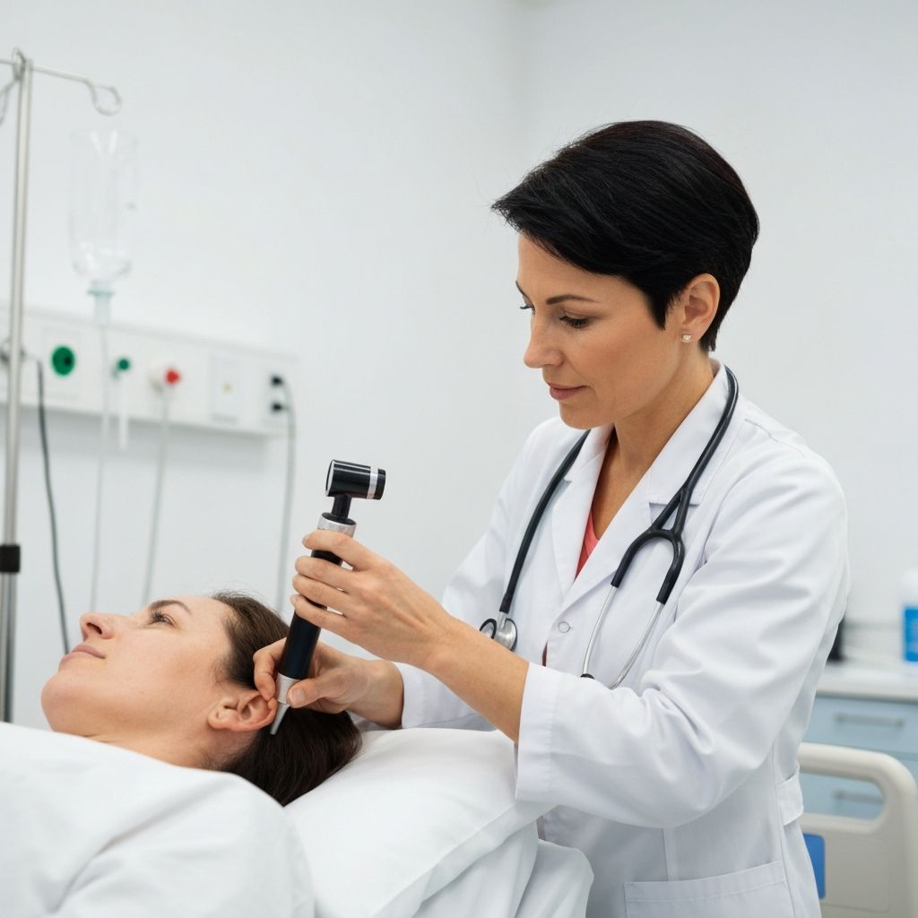 Professional registered nurse performing microsuction ear cleaning examination